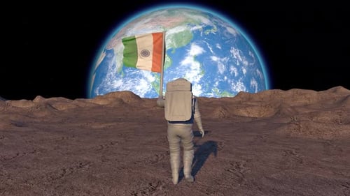 Astronaut Moon Walk With Indian Flag