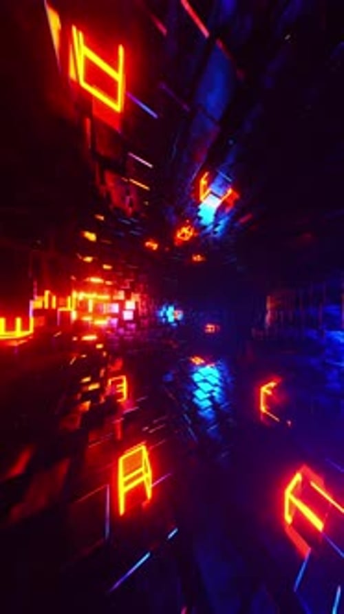 A tunnel with a neon light effect. Vertical looped animation