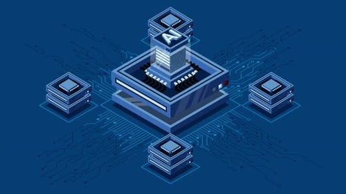 Isometric artificial intelligence chip animation. Artificial Intelligence concept. Futuristic