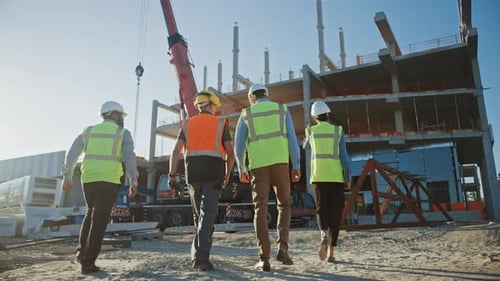 Diverse Team of Specialists Inspect Commercial, Industrial Building Construction Site. Real Estate