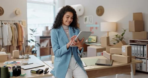 Entrepreneur, small business or tablet for fashion e commerce, startup or inventory in shop