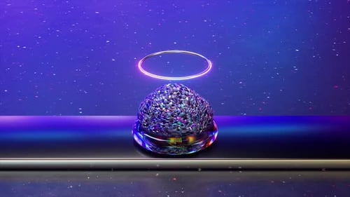 Futuristic 3D Animation Featuring Iridescent Crystals in a Cup on a Luminous Neonstriped Platform