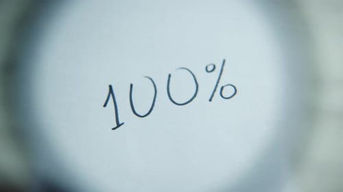 The sheet says "100%", but it's blurry. A magnifying glass appears, making the image clear.