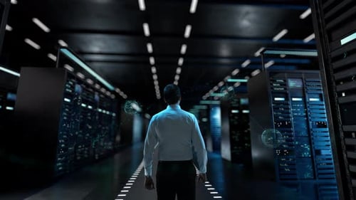 Innovation Technology IT Administrator Activating Modern Data Center Server with Hologram