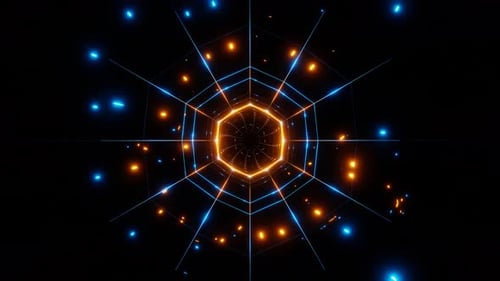 cosmic fractal tunnel with glowing orange blue lights vj loop abstract background