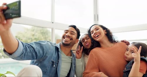 Smile, selfie and happy family in a new home excited to spend quality time together in happiness