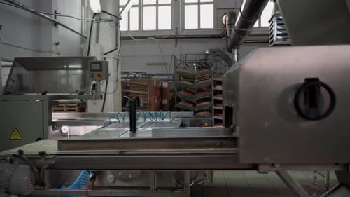 Production conveyor for slicing and packaging bread indoors. Mechanism for food production