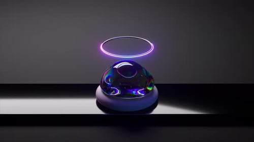 A Glowing Halo Hovers Above an Iridescent Orb Nestled Between Soft Rings on a Moody Dark Gradient