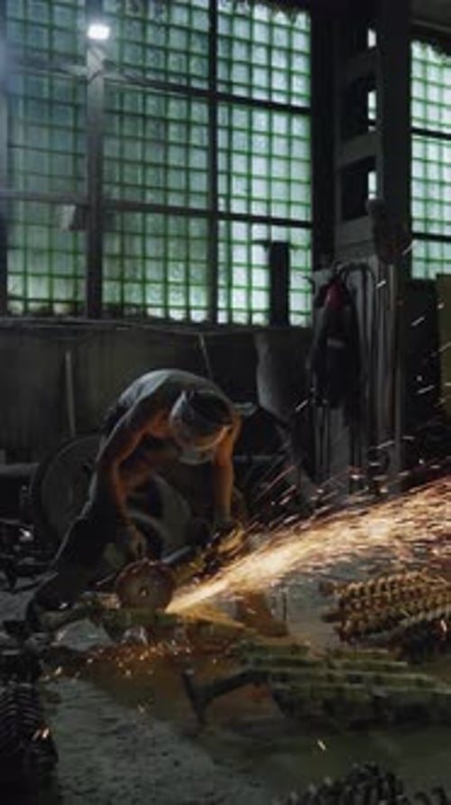 Worker Grinding Metal in Industrial Workshop