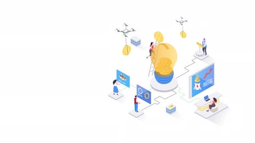 Isometric business innovation and creative idea concept animation