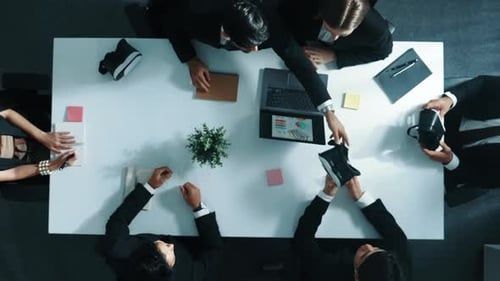 Top view of professional businessman give vr headset to investor. Directorate.