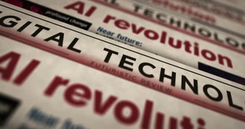 AI revolution and artificial intelligence technology newspaper printing press