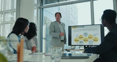 Presentation screen, business people and man report data analytics, brand infographic