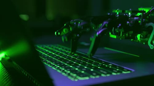 Robot Hand Working and Typing on Pc Keyboard with AI Technology Artificial Intelligence Mechanical