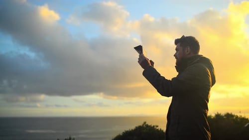 Nature, mountain and man with tablet for photography for landscape, natural environment