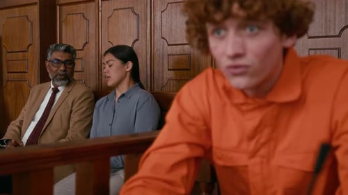 Man in Prison Robe Defending Himself While Jury Observing Trial in Courtroom