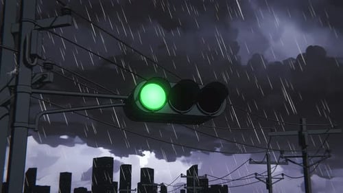 Rainy Street Traffic Light Anime Loop