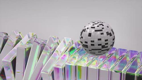 Reflective 3D Animation of a Checkered Sphere on Prism Terrain Showcasing a Dance of Light