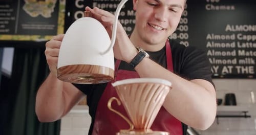 Barista Prepares Coffee Crop Man Pouring Water While Making Filter Coffee