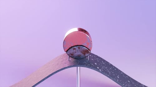 Rustic 3D Animation of a Tarnished Copper Sphere Rolling on a Wavy Purplelit Surface