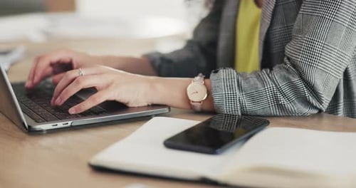 Woman, hands and laptop typing business schedule, proposal or email for communication on office