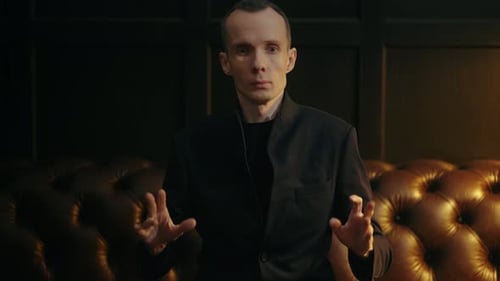 Adult Man Moving Like Robot in Apartment Cinematic Shot of Fantasy Future with Humanoid and Cyborg