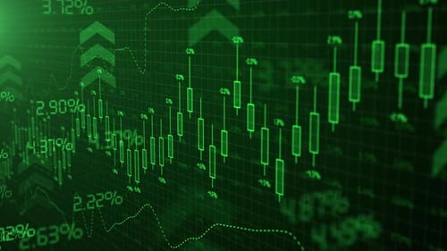 Candles of Growing Stock Market Exchange Green Bullish Trend Forex Trading Candlestick Graph