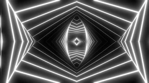 Dynamic geometric tunnel with bright neon lines in black and white