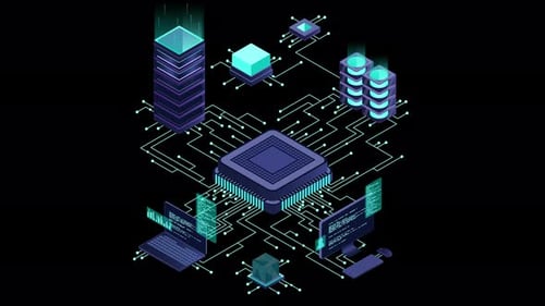 Isometric artificial intelligence chip animation. Artificial intelligence server. Futuristic