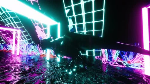 Dinosaur In Neon Tunnel