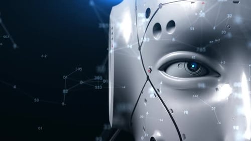 The robot looks close-up at the viewer observing what is happening.