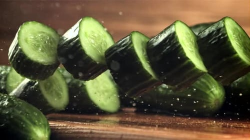 Chopped Fresh Cucumber Falls on the Table