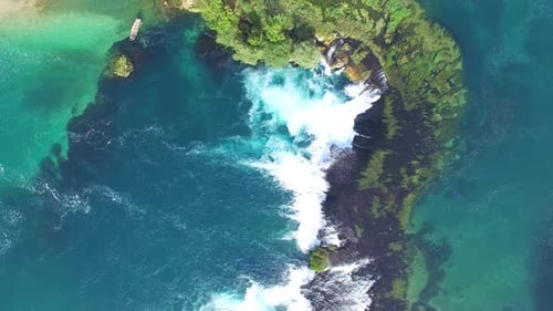 Flying above of national park of Una river and its beautiful waterfalls, Bosnia