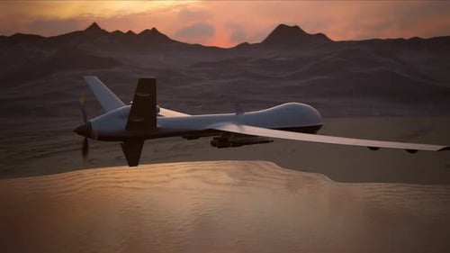 Military predator drone flying at sunset. Intelligent unmanned vehicle.