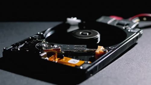 Opened Hard Disk Drive with Spinning Platter. Move of Writing Magnetic Head