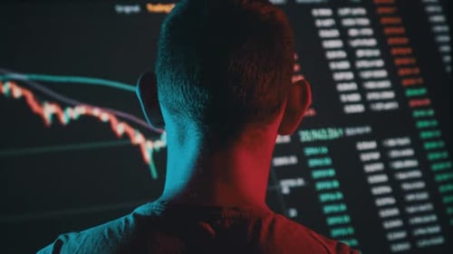 Trader Analyze Cryptocurrency Charts on a Big Screen in the Dark