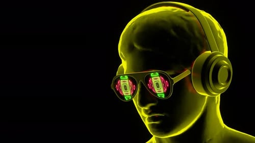 Antique Sculpture in Glasses and Headphones in Neon Light