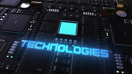 technology header on the background of the chip with a large number of processors.