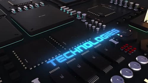 technology header on the background of the chip with a large number of processors.