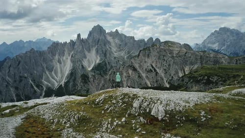 Aerial View of Women Hiking Close to Auronzo Di Cadore of Cadini Di Misurina Mountains Group in