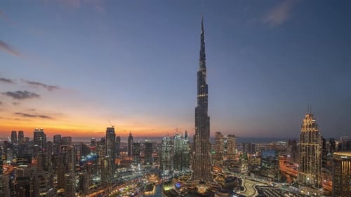 Time lapse of Burj Khalifa in Dubai Downtown skyline and fountain, United Arab Emirates or UAE.