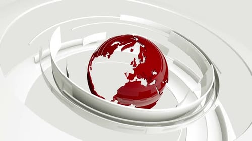 Seamless loop: 3D glossy white curved shapes and red Earth globe rotating