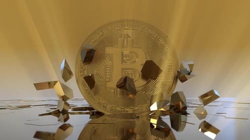 Bitcoin Coin On An Abstract Golden Background With A Rocky Stone Crack 3
