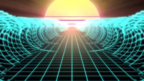 Synthwave Retro Wireframe Net Grid Ocean Tidal Waves and 80s Sun - 4K