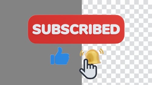 3D Animation of Pressing Subscribe Button with Like Button and Notification Bell | Alpha Channel