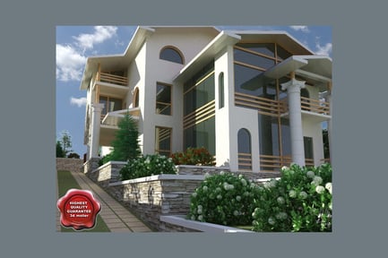 Two-story house with arched window and balconies