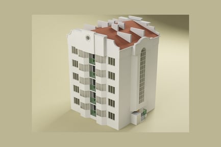 Preview: Multi-story apartment building with balconies and arched entryway