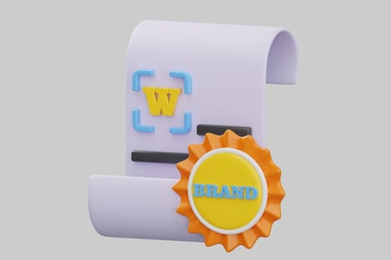Preview: Scroll with yellow "W" and blue brackets, and orange rosette with the word "BRAND"