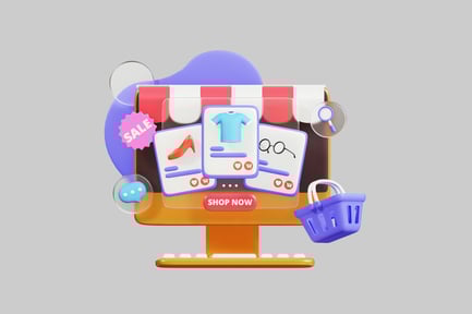 Preview: Monitor displaying e-commerce icons and shopping cart